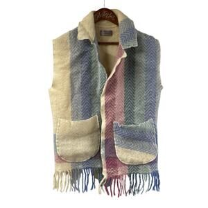SUNSHINE DESIGNS Fringe Trim Vest Alafoss Wool Of Iceland Striped OS VTG Easter